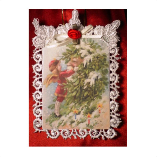 Vintage Lace Christmas Tree Post Card Ornament, Old St. Nick
