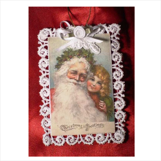 Vintage Lace Christmas Tree Post Card Ornament, Santa Claus