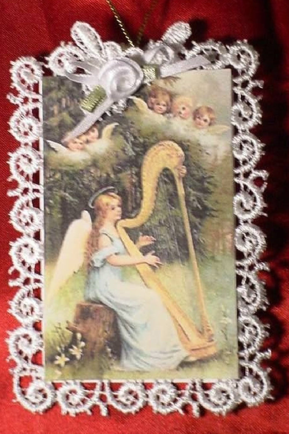 Vintage Lace Christmas Tree Post Card Ornament, Harp Angel
