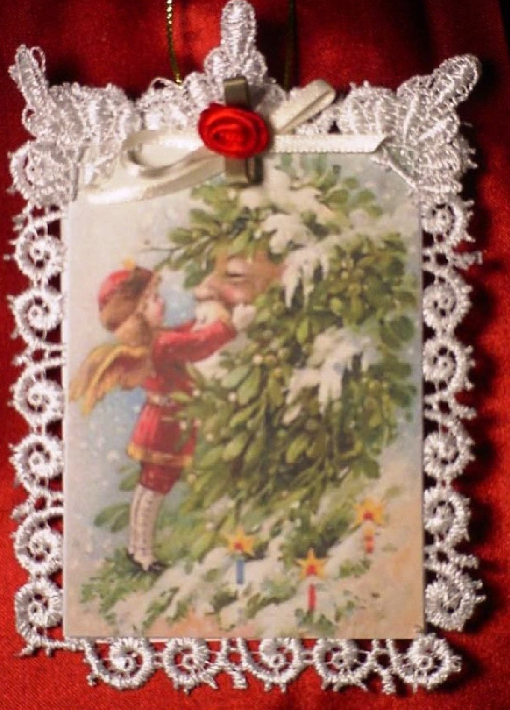 Vintage Lace Christmas Tree Post Card Ornament, Old St. Nick