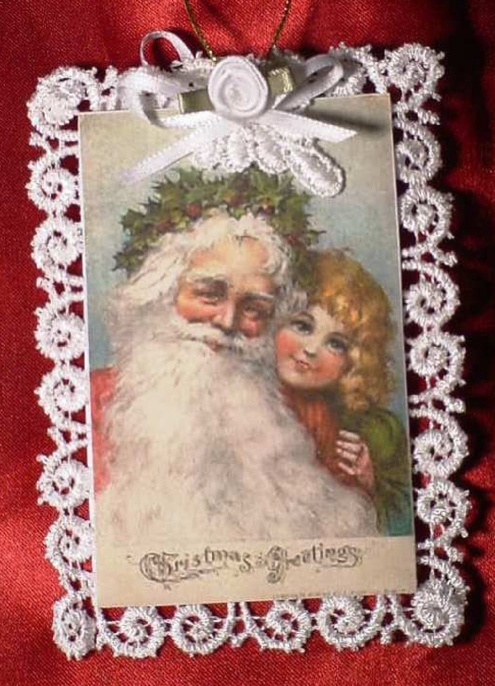 Vintage Lace Christmas Tree Post Card Ornament, Santa Claus